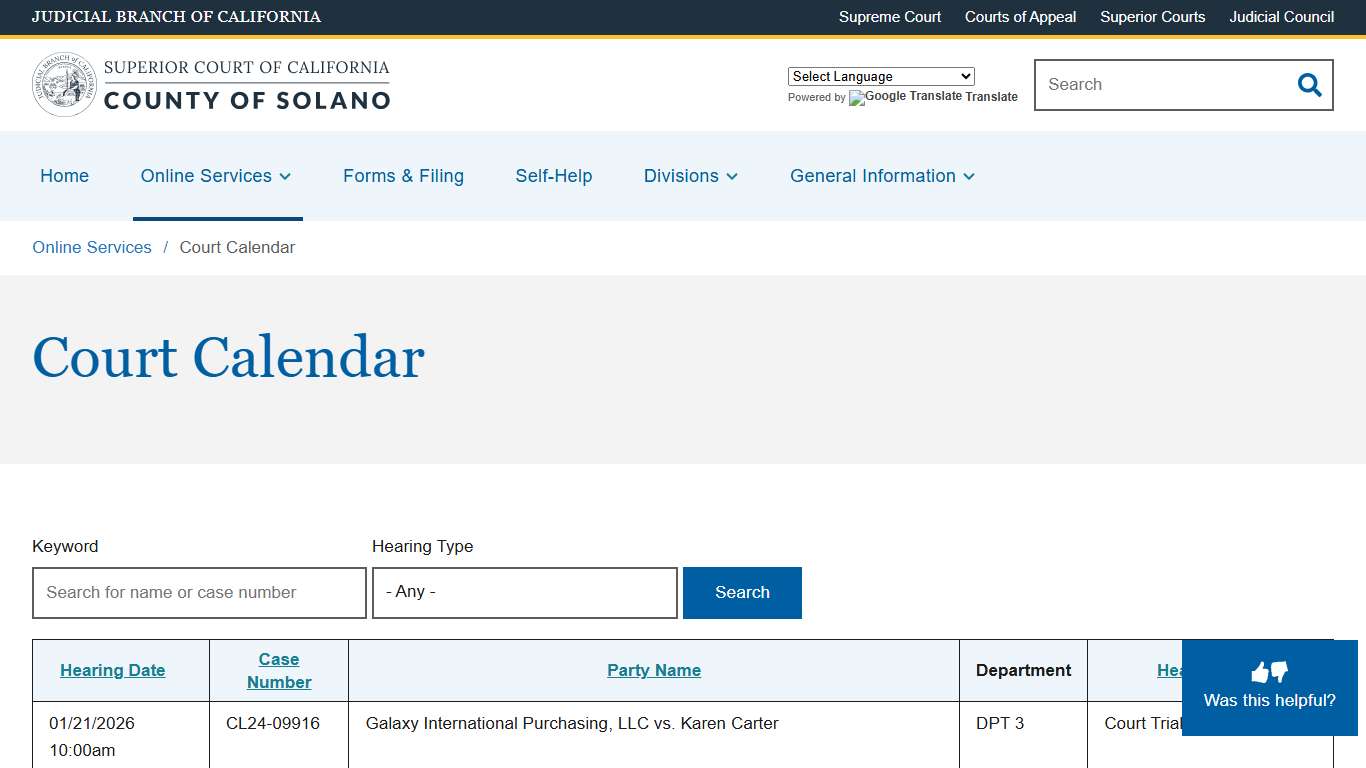 Court Calendar Superior Court of California County of Solano