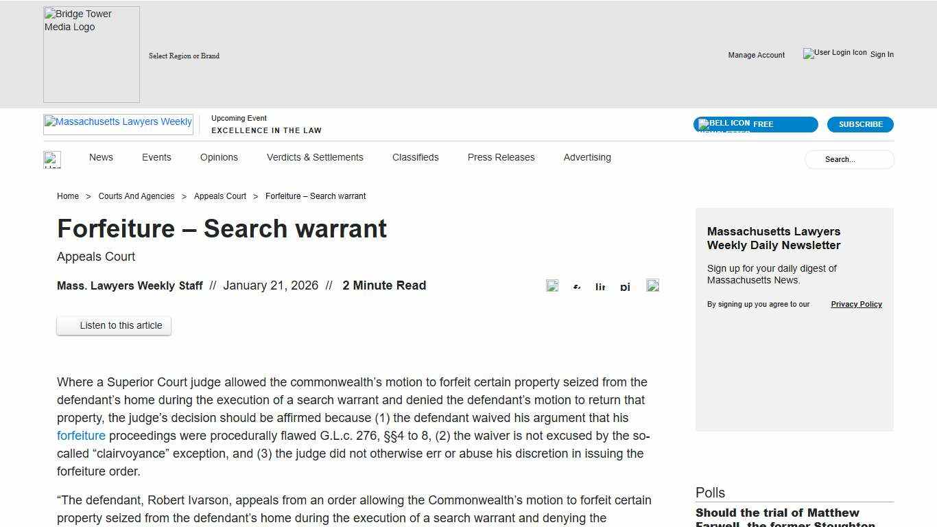 Forfeiture – Search warrant Massachusetts Lawyers Weekly